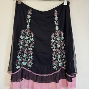 Vtg Y2K Anthropologie 2 S Fairy Mesh Skirt Black Pink Floral Beaded